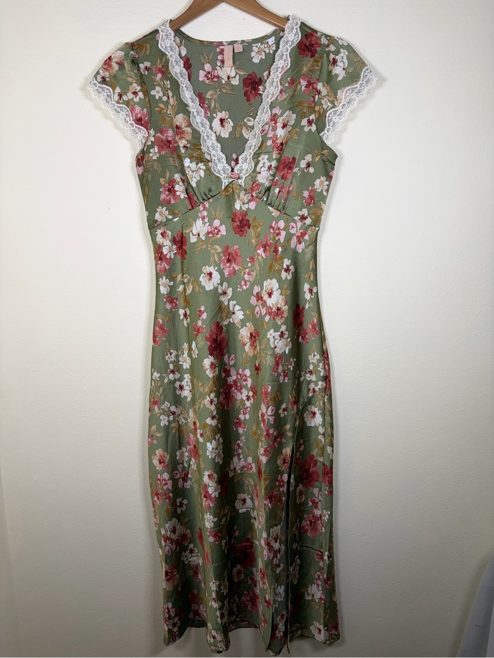 Jessica Simpson Olive Blossom Floral Satin Slip Dress Lace Trim Midi Y2K Small